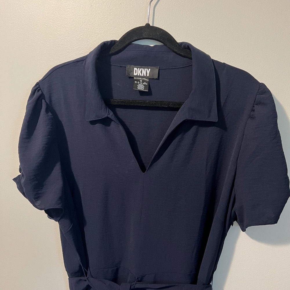 DKNY Womens Navy Blue Short Puff Sleeve Belted Midi Dress Size 16 V-Neck Pockets